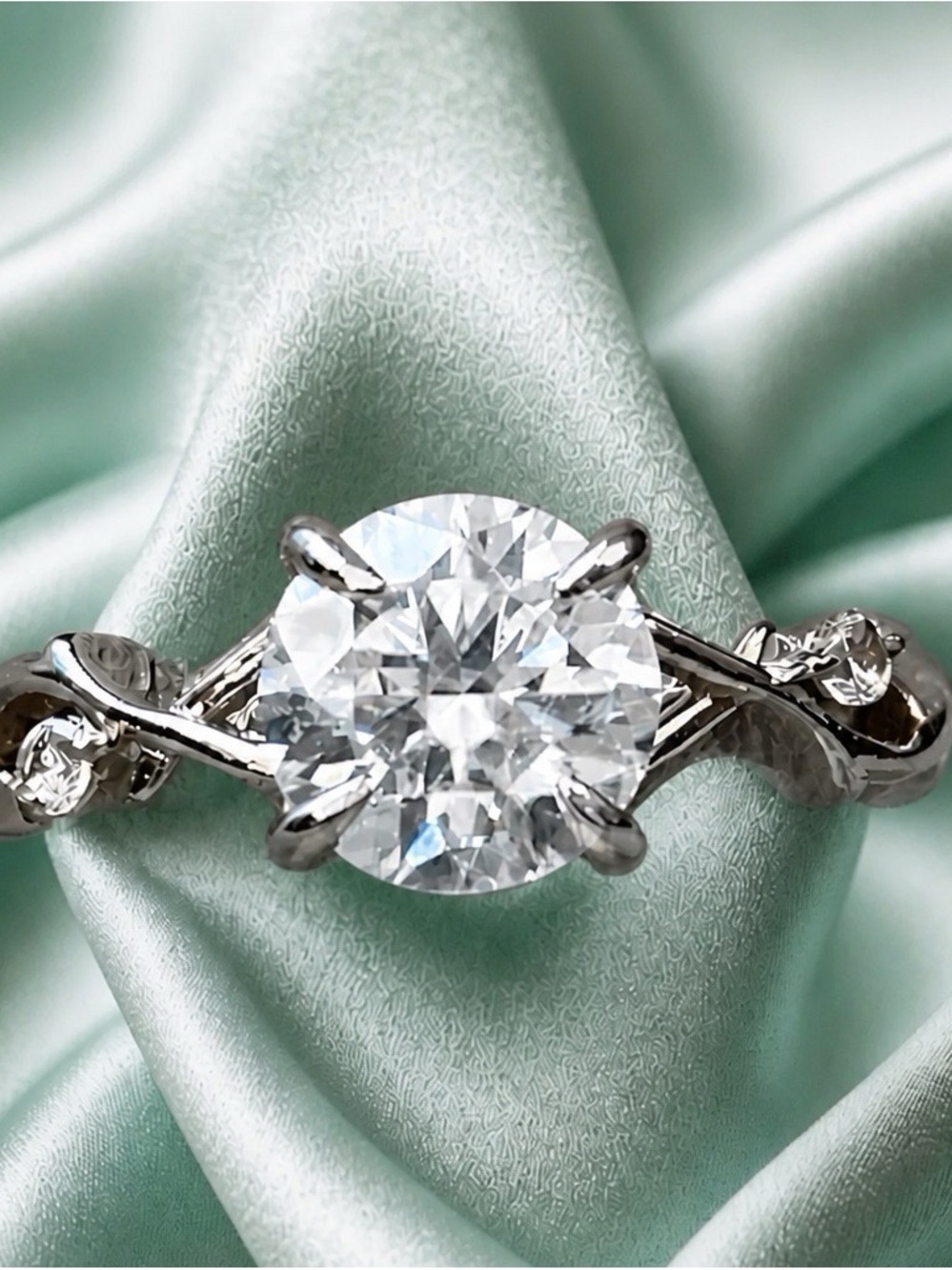 AAA Moissanite Solitaire, 8mm, 2ctw, D-color, VVSI, Rhodium over S925. SIZE 8